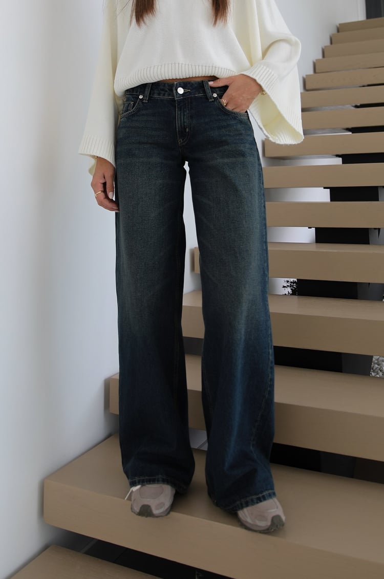 Koyu Mavi Düşük Bel Wide Leg Jean
