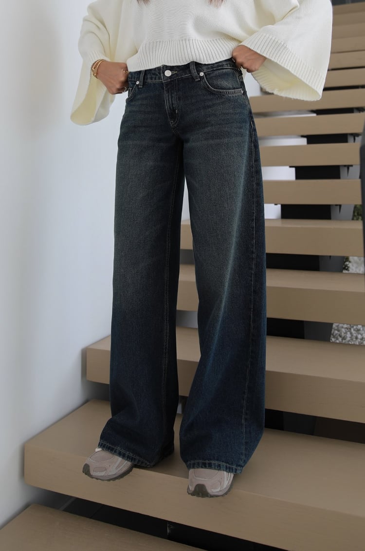 Koyu Mavi Düşük Bel Wide Leg Jean