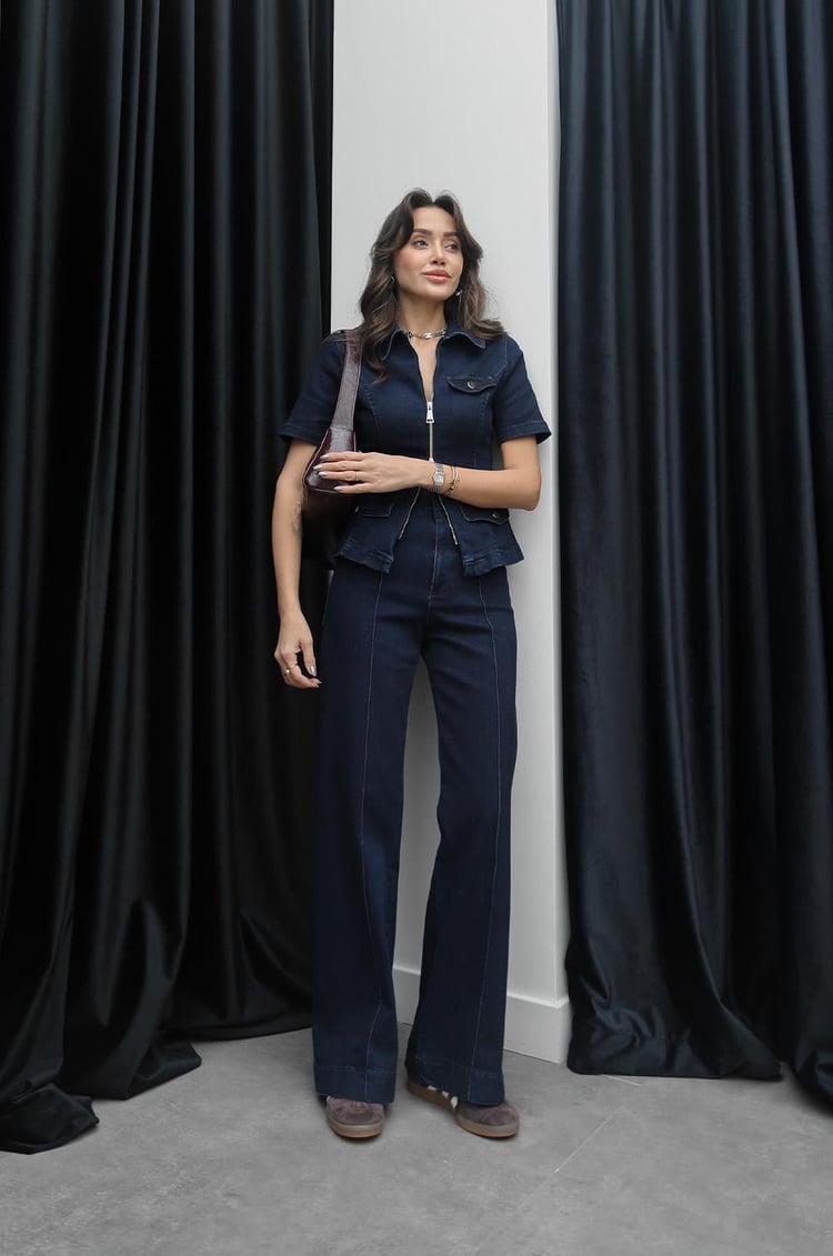 Koyu Mavi Fermuarlı Gömlek Pantolon Denim Takım
