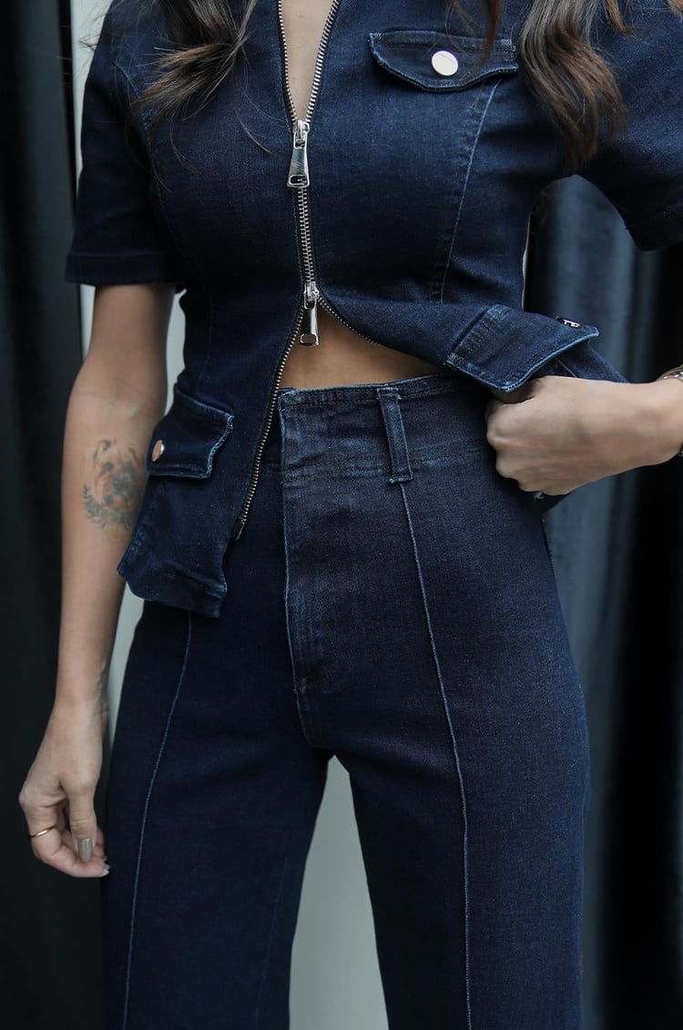 Koyu Mavi Fermuarlı Gömlek Pantolon Denim Takım