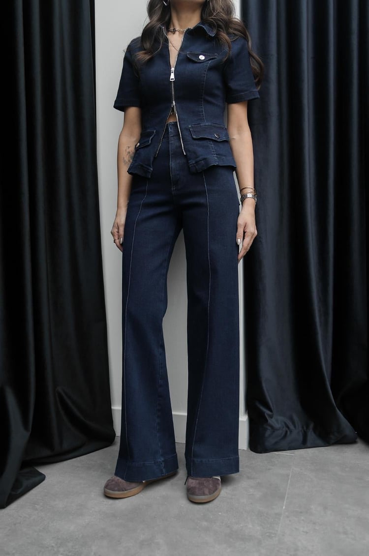 Koyu Mavi Fermuarlı Gömlek Pantolon Denim Takım