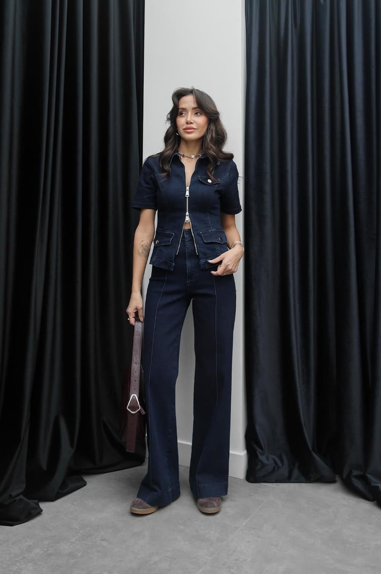 Koyu Mavi Fermuarlı Gömlek Pantolon Denim Takım