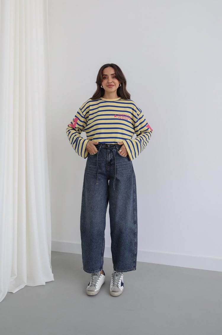 Koyu Mavi İp Kemerli Mom Jean