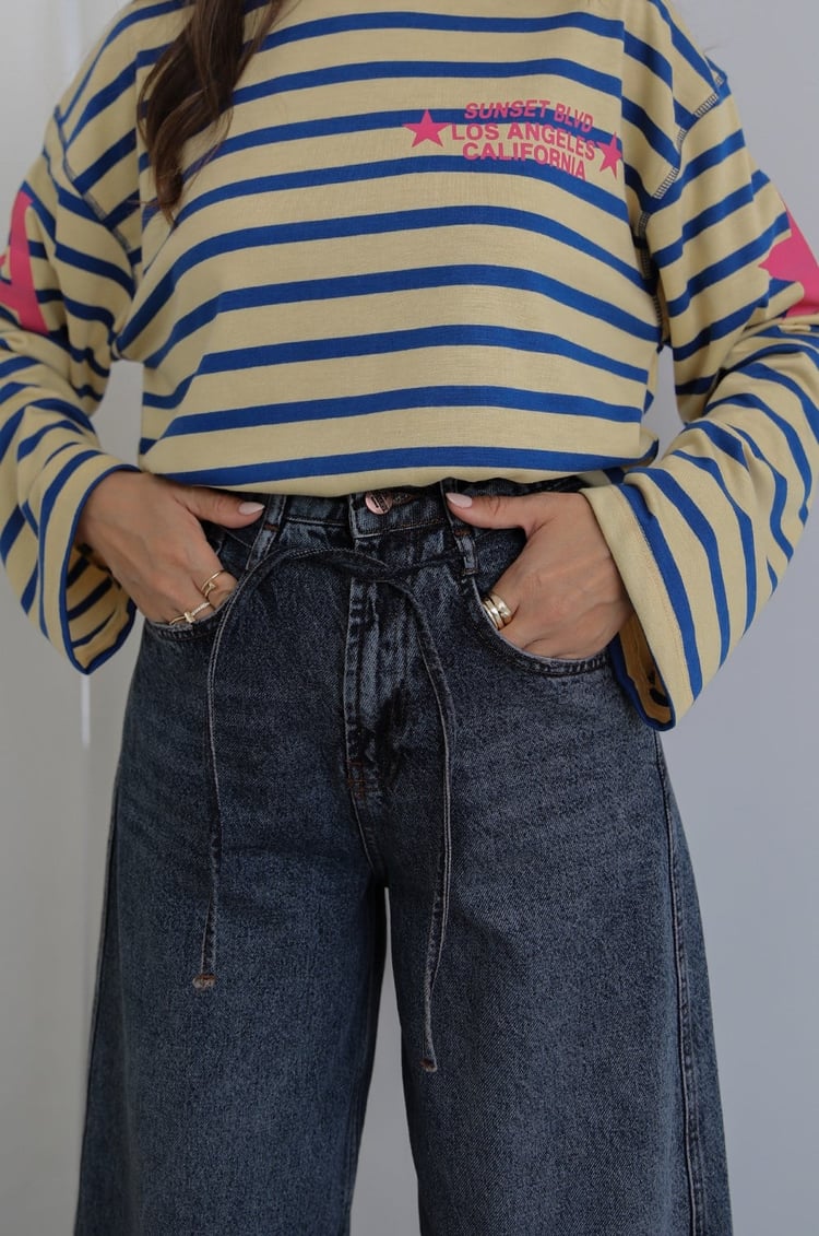 Koyu Mavi İp Kemerli Mom Jean