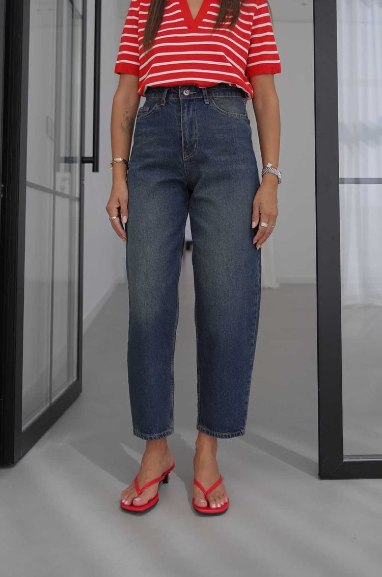 Koyu Mavi Lumex Yüksek Bel Barrel Fit Jean