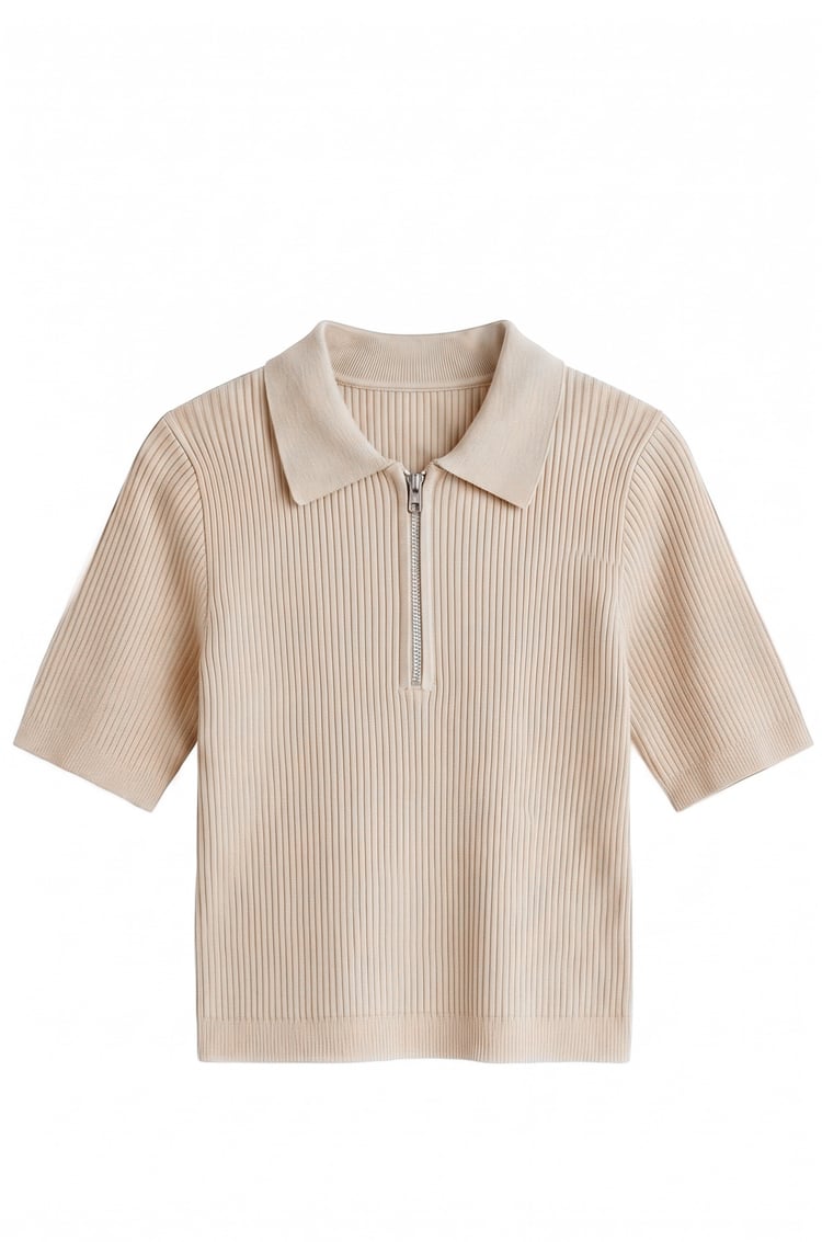 Krem Fermuarlı Polo Yaka Triko Bluz