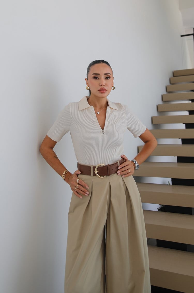 Krem Fermuarlı Polo Yaka Triko Bluz