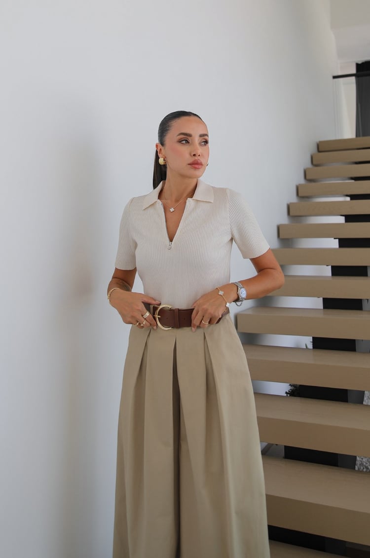 Krem Fermuarlı Polo Yaka Triko Bluz