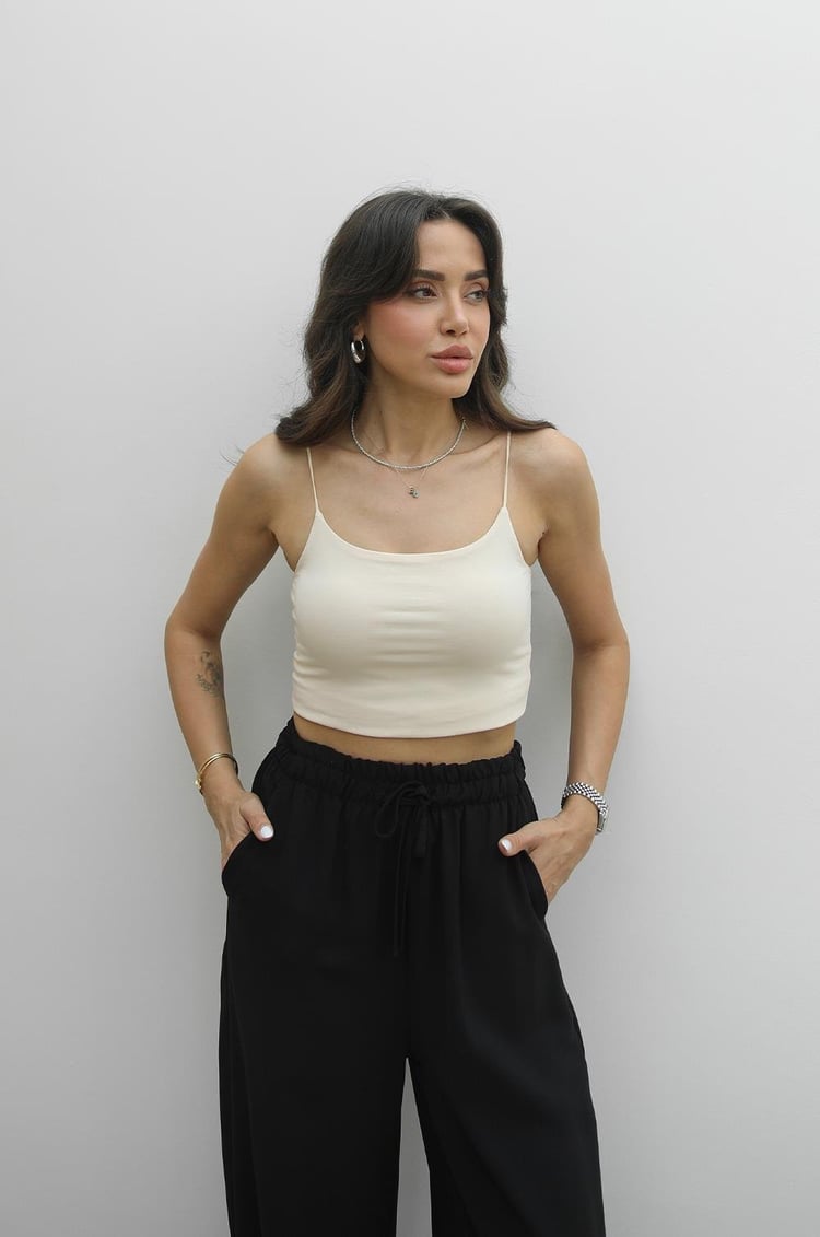 Krem İp Askılı Basic Crop