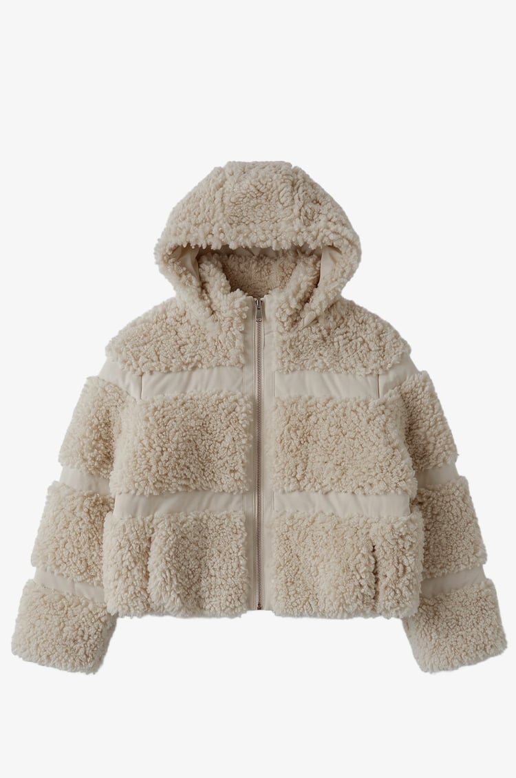 Krem Rengi Deri Detaylı Teddy Mont