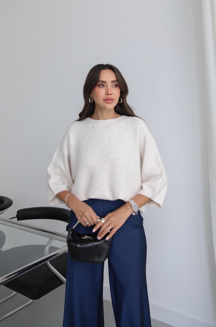 Krem Rengi Glow Yarım Kollu Kazak