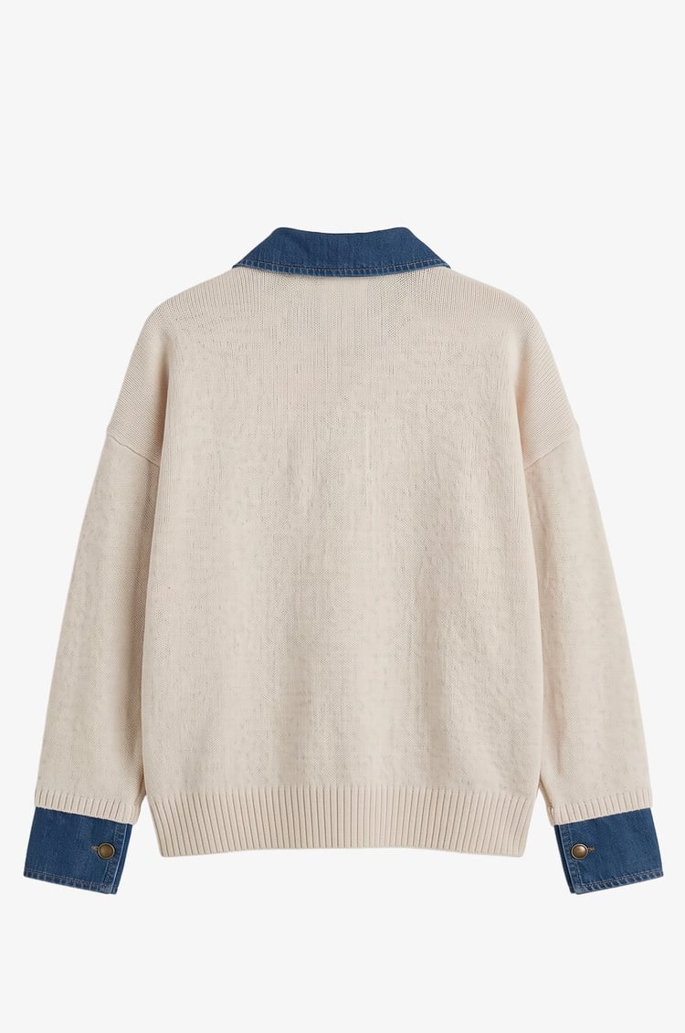 Krem Rengi Yakası Kolları Denim Detaylı Kazak