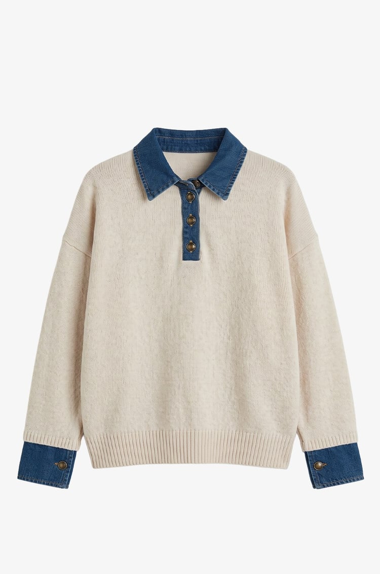 Krem Rengi Yakası Kolları Denim Detaylı Kazak