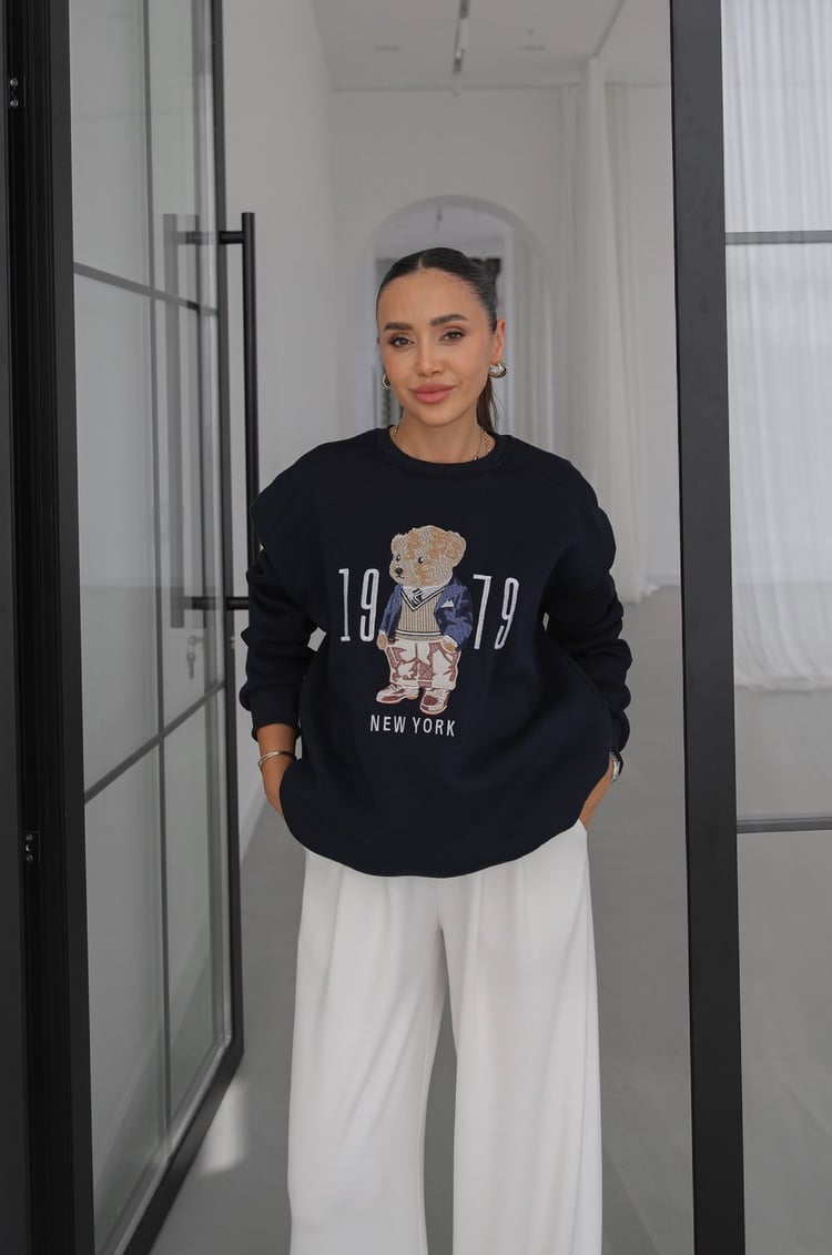 Lacivert 1979 Teddy Baskılı Sweatshirt