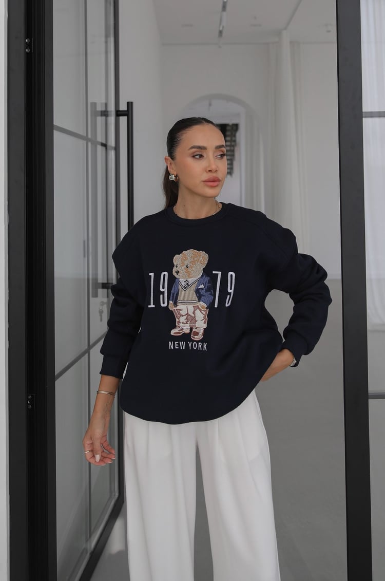 Lacivert 1979 Teddy Baskılı Sweatshirt