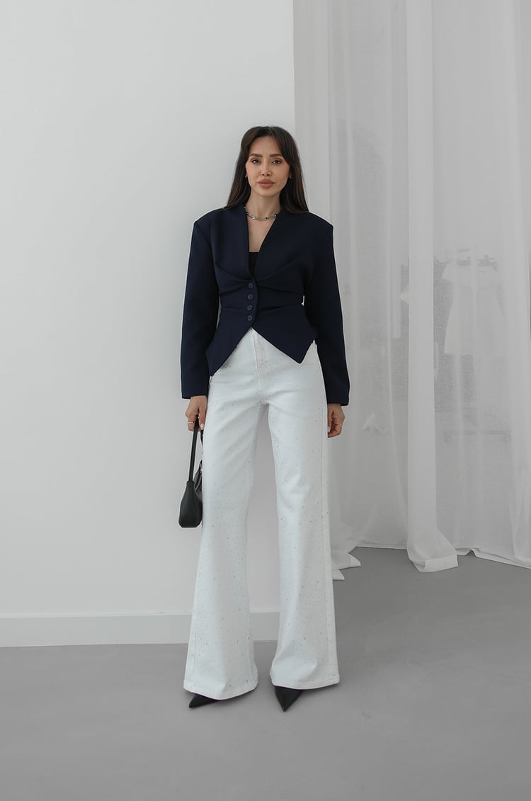 Lacivert Arkası Bağlama Detaylı Blazer Ceket