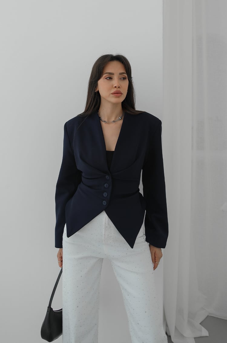 Lacivert Arkası Bağlama Detaylı Blazer Ceket