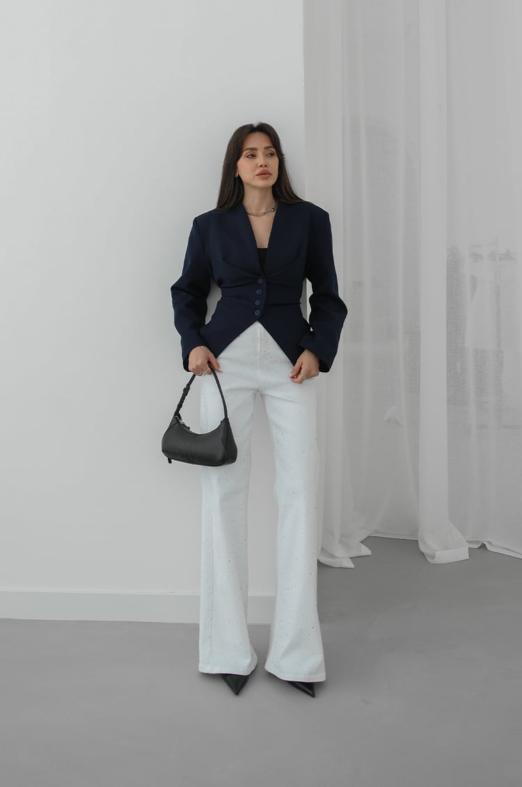 Lacivert Arkası Bağlama Detaylı Blazer Ceket