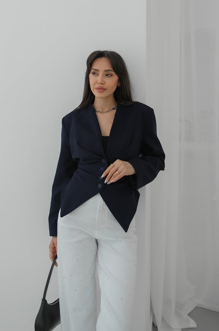 Lacivert Arkası Bağlama Detaylı Blazer Ceket