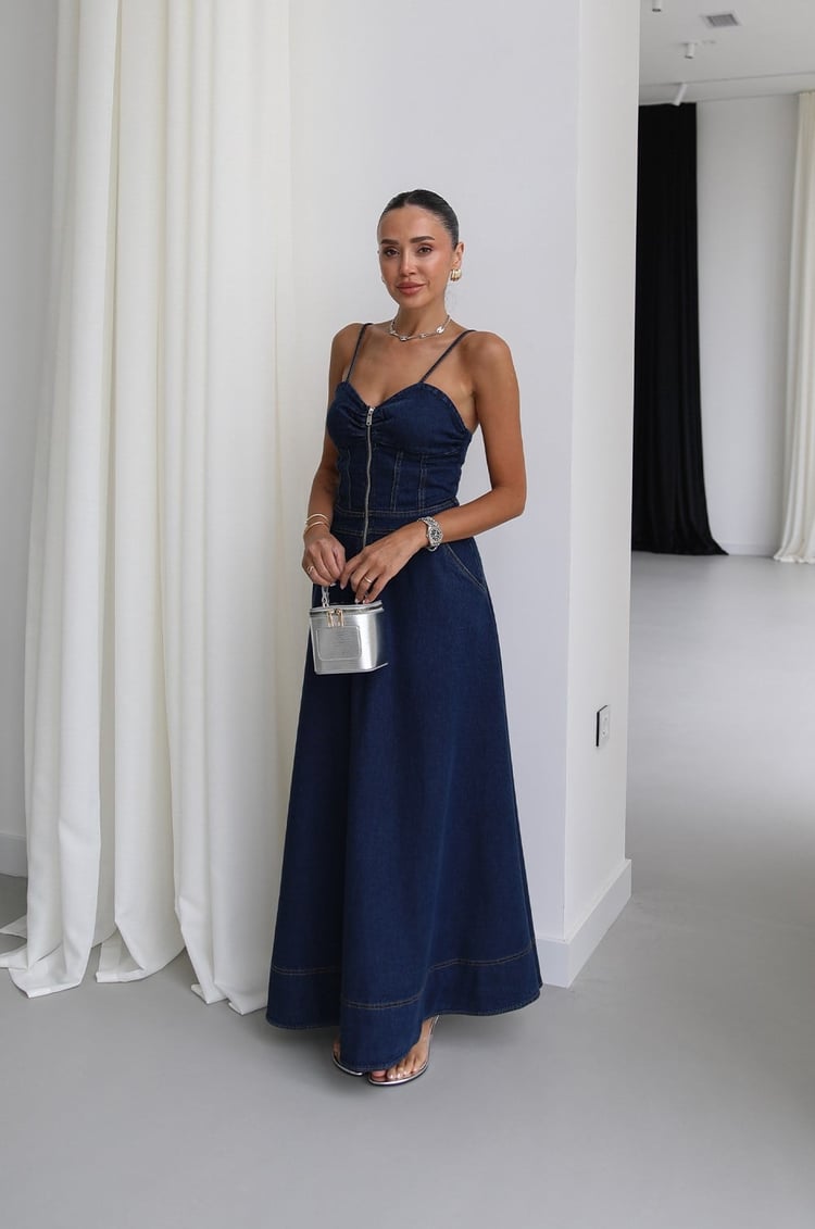 Lacivert Askılı Önü Fermuarlı Denim Elbise