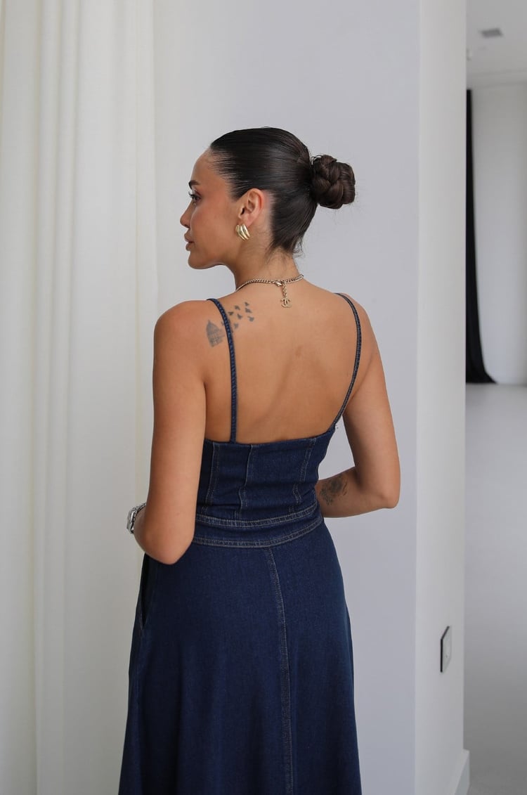 Lacivert Askılı Önü Fermuarlı Denim Elbise