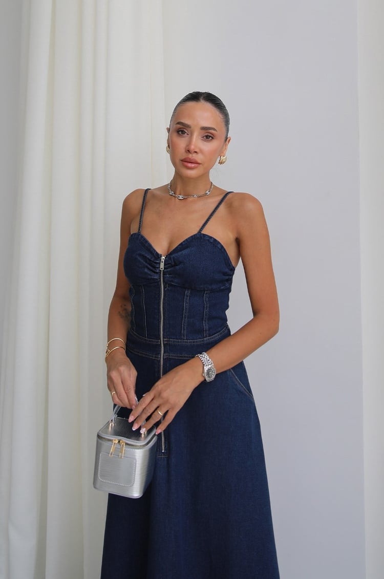 Lacivert Askılı Önü Fermuarlı Denim Elbise