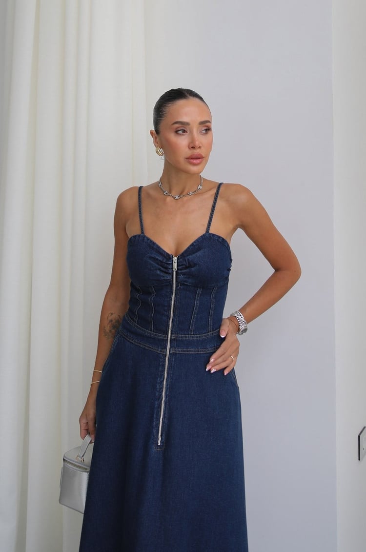 Lacivert Askılı Önü Fermuarlı Denim Elbise