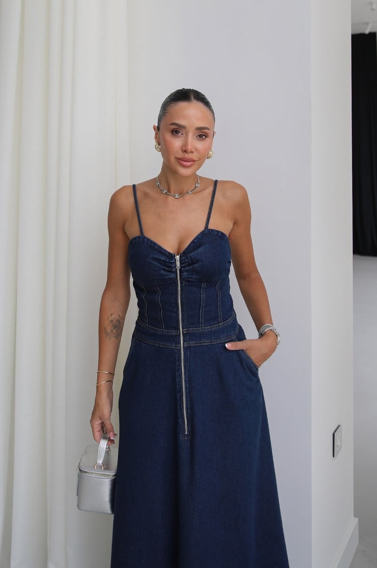 Lacivert Askılı Önü Fermuarlı Denim Elbise