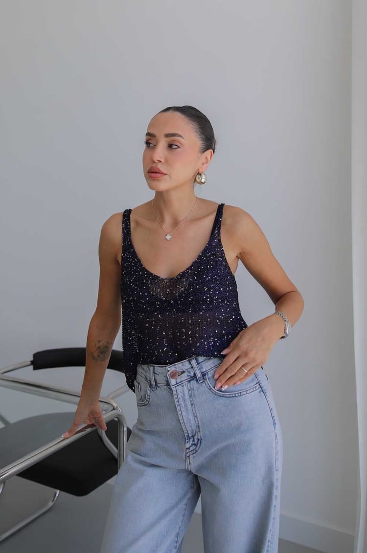 Lacivert Askılı Pullu Triko Bluz