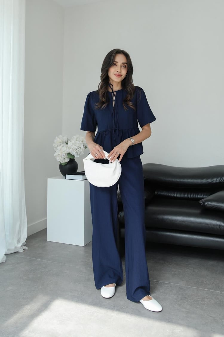 Lacivert Bağlamalı Bluz Pantolon Takım