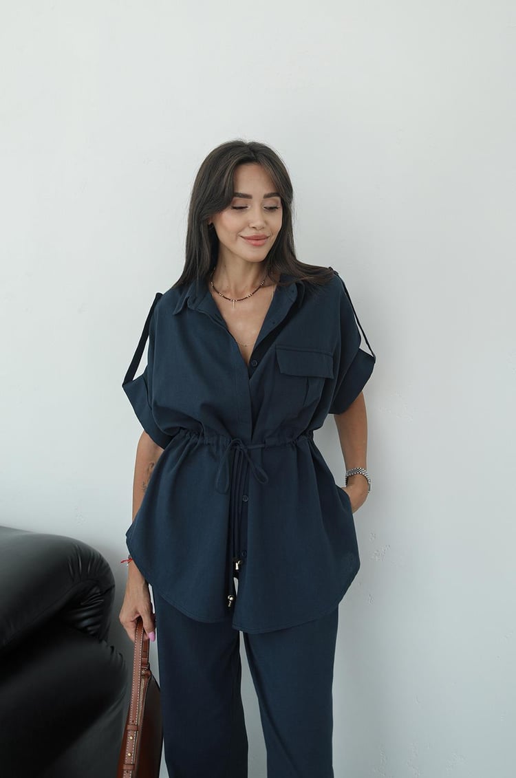 Lacivert Beli Büzgülü Bluz Pantolon Takım