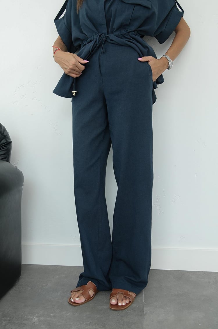 Lacivert Beli Büzgülü Bluz Pantolon Takım
