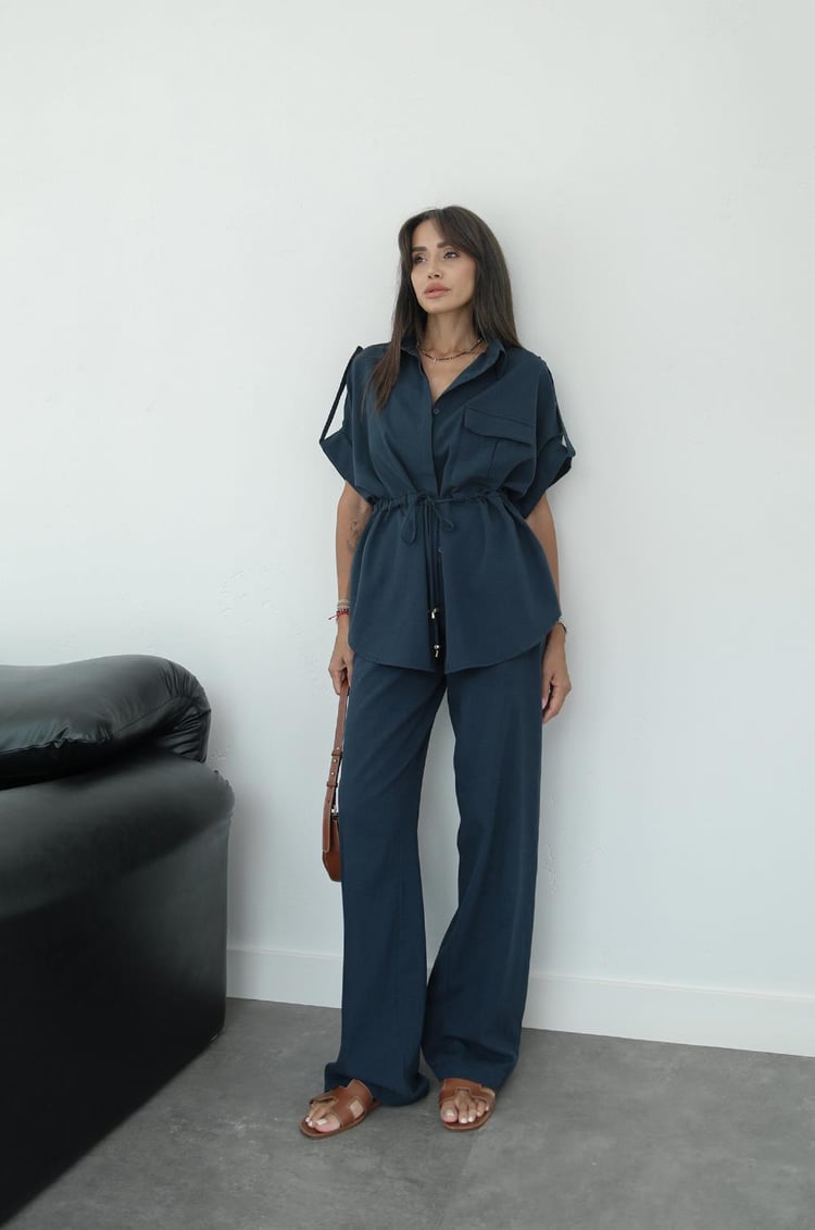 Lacivert Beli Büzgülü Bluz Pantolon Takım