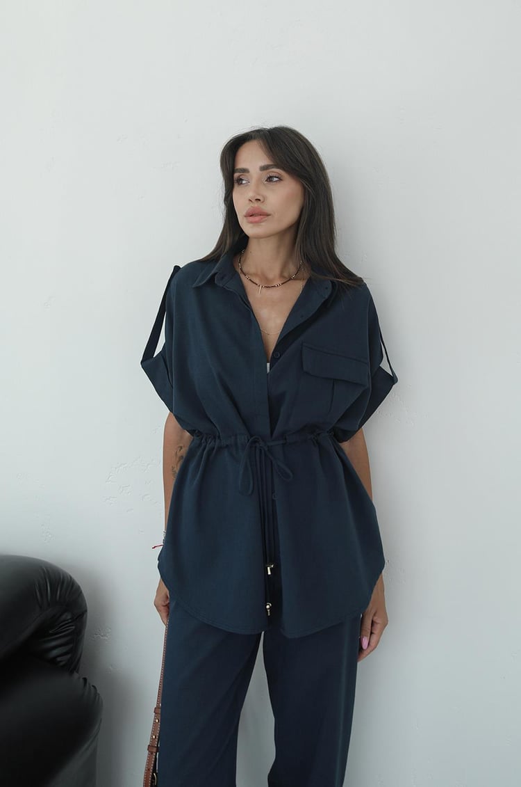 Lacivert Beli Büzgülü Bluz Pantolon Takım