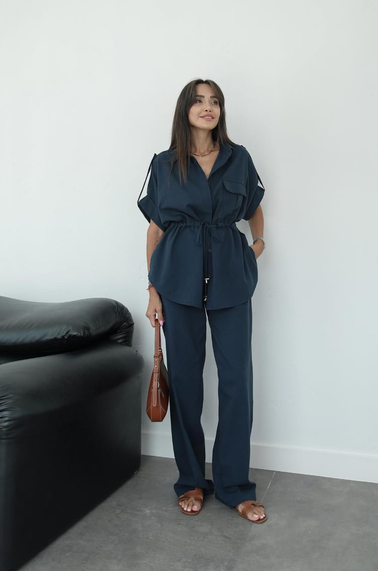 Lacivert Beli Büzgülü Bluz Pantolon Takım