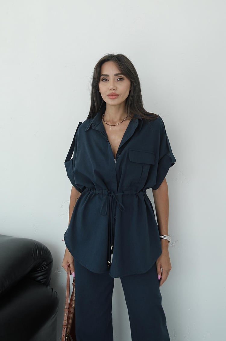 Lacivert Beli Büzgülü Bluz Pantolon Takım
