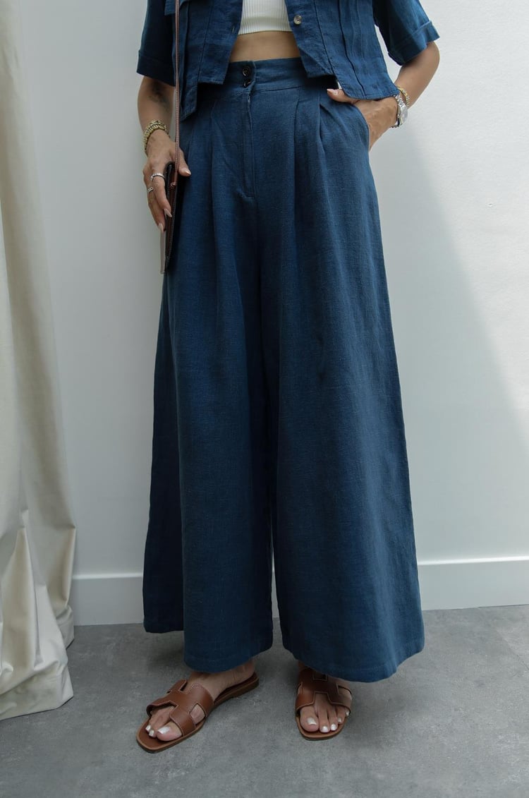 Lacivert Beli Çift Düğmeli Keten Pantolon