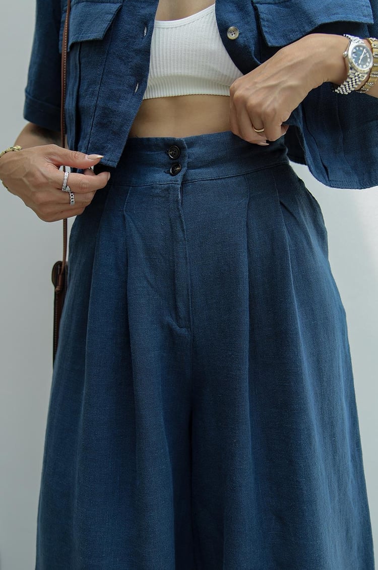 Lacivert Beli Çift Düğmeli Keten Pantolon