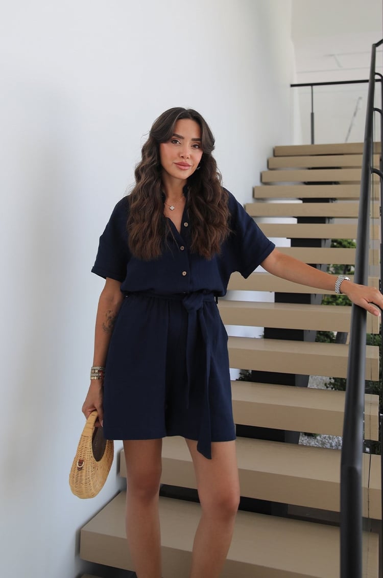 Lacivert Beli Kuşaklı Kısa Tulum