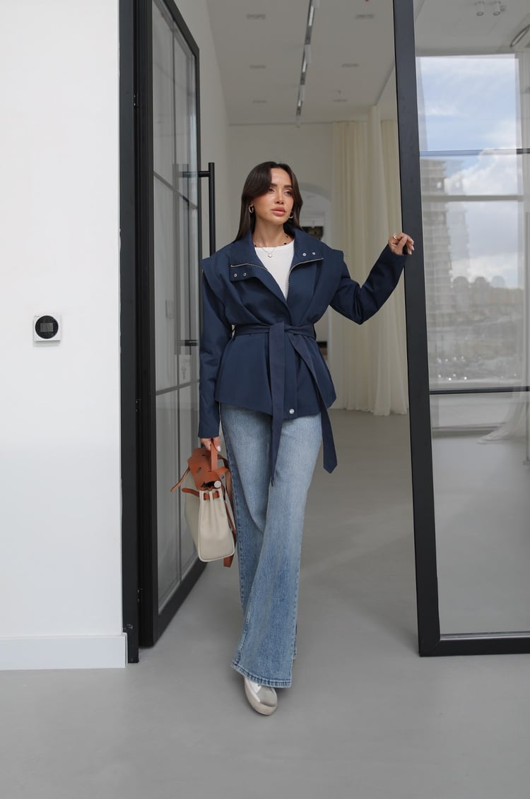 Lacivert Belted Fermuarlı Trençkot