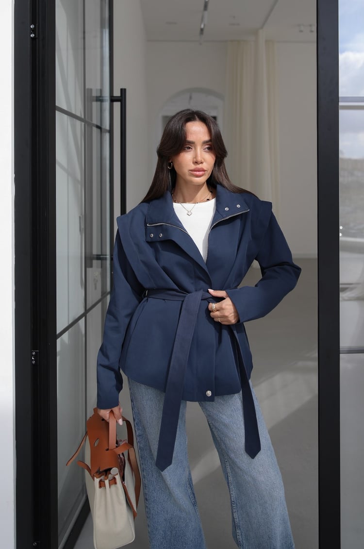 Lacivert Belted Fermuarlı Trençkot