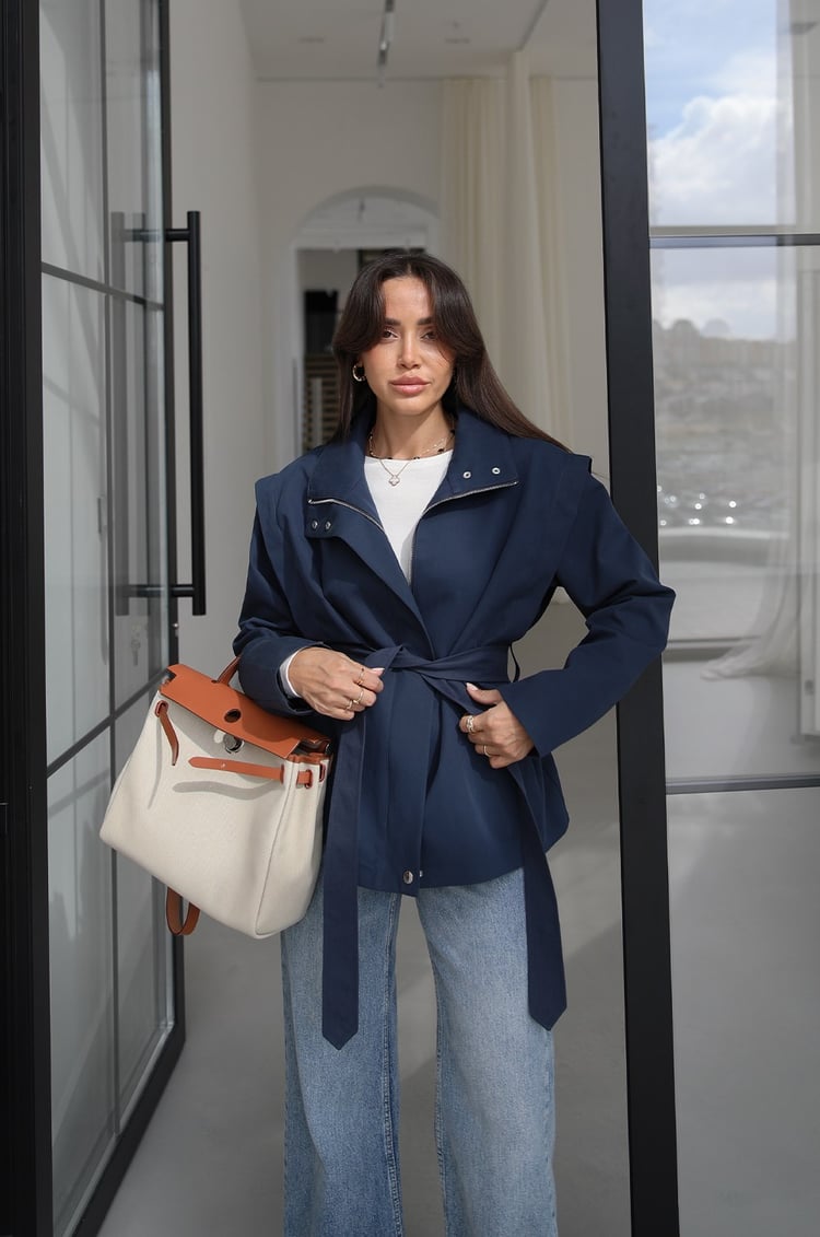 Lacivert Belted Fermuarlı Trençkot