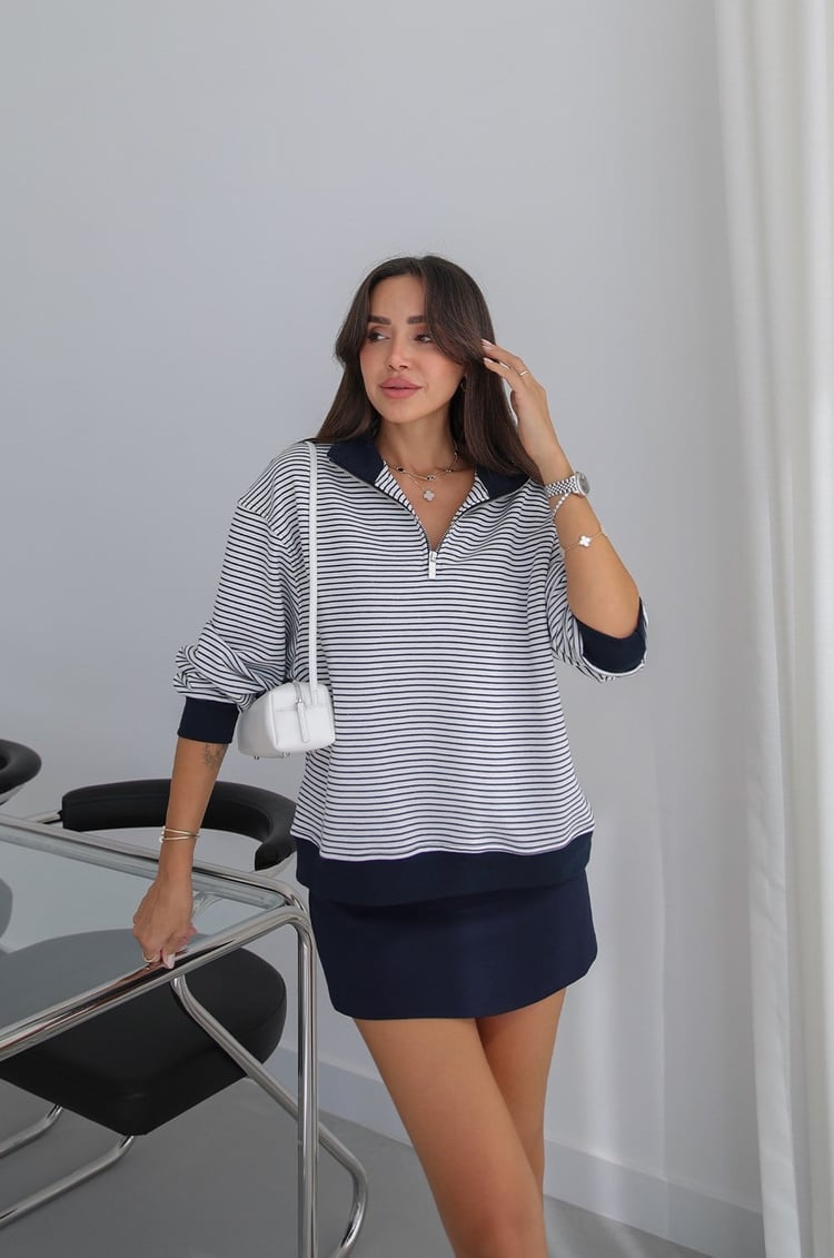 Lacivert Bergaris Çizgili Sweatshirt