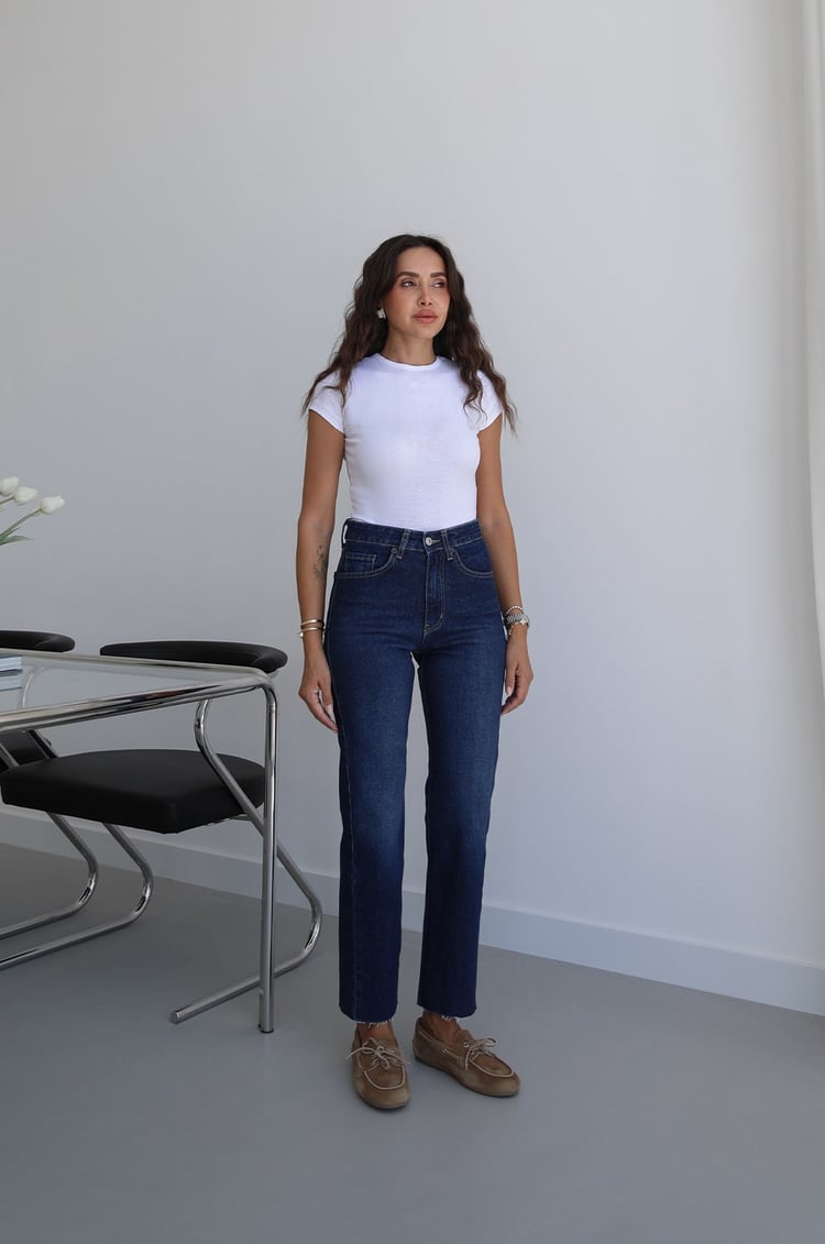 Lacivert Boy Fit Kesik Paça Jean