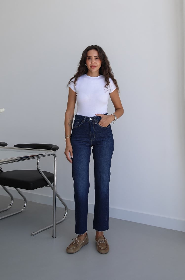 Lacivert Boy Fit Kesik Paça Jean