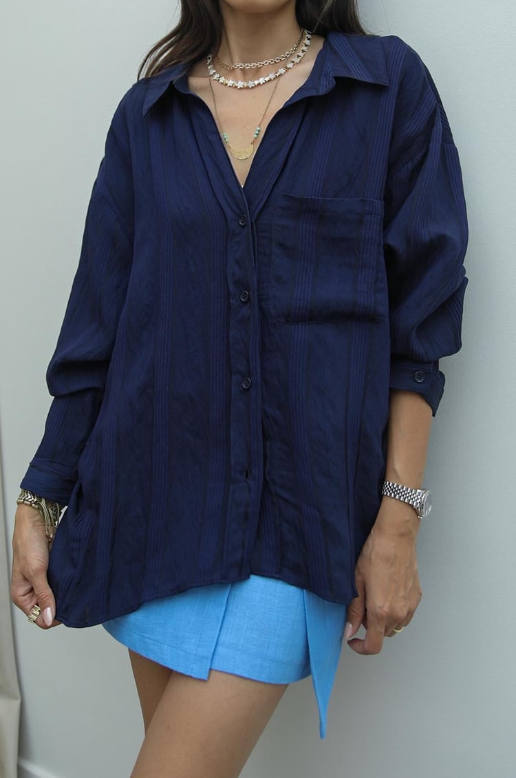 Lacivert Çizgi Detaylı Oversize Gömlek