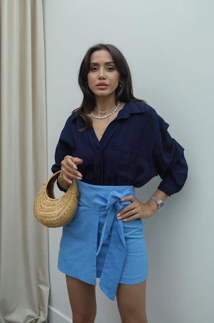 Lacivert Çizgi Detaylı Oversize Gömlek