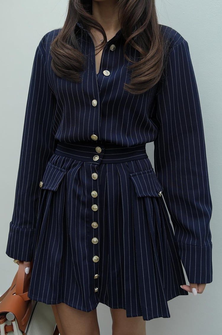 Lacivert Çizgili Düğme Detaylı Elbise