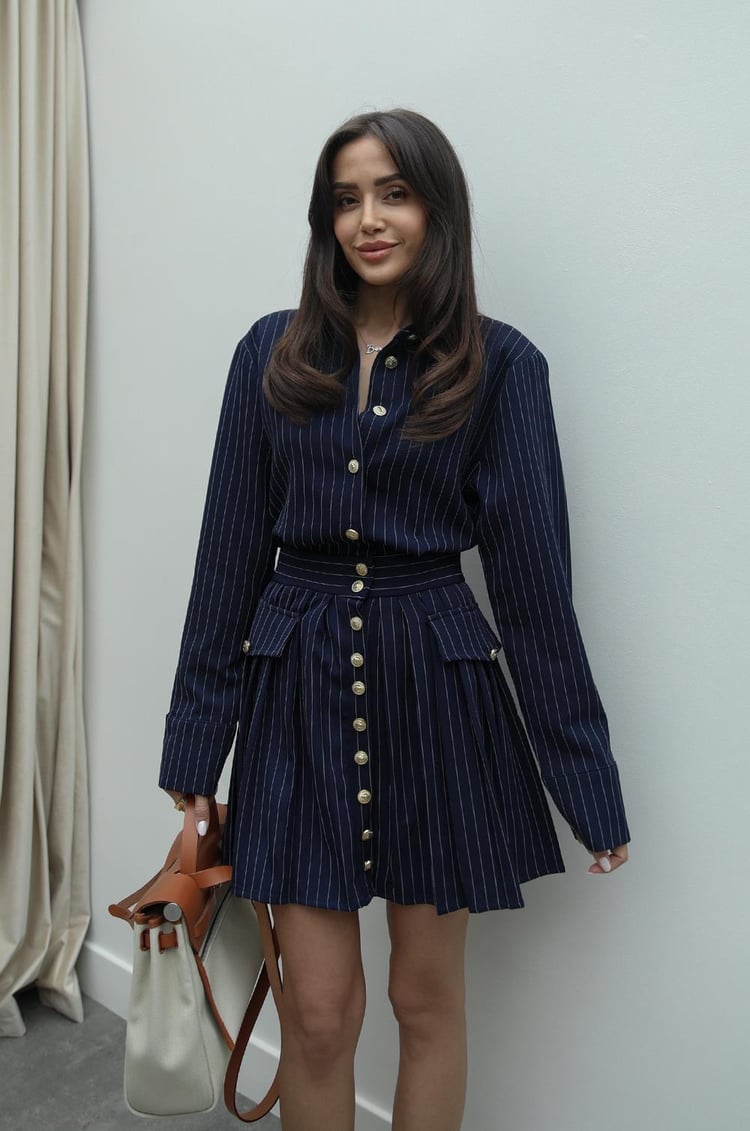 Lacivert Çizgili Düğme Detaylı Elbise