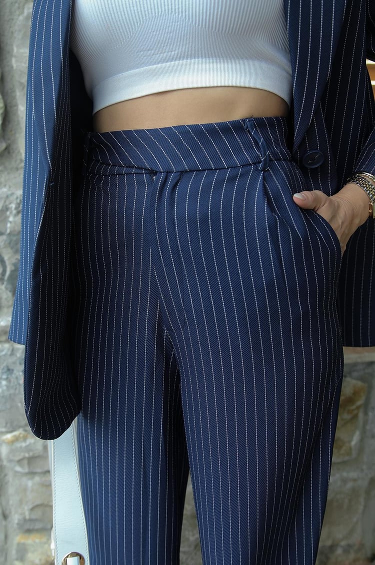 Lacivert Çizgili Never Pantolon Blazer Takım